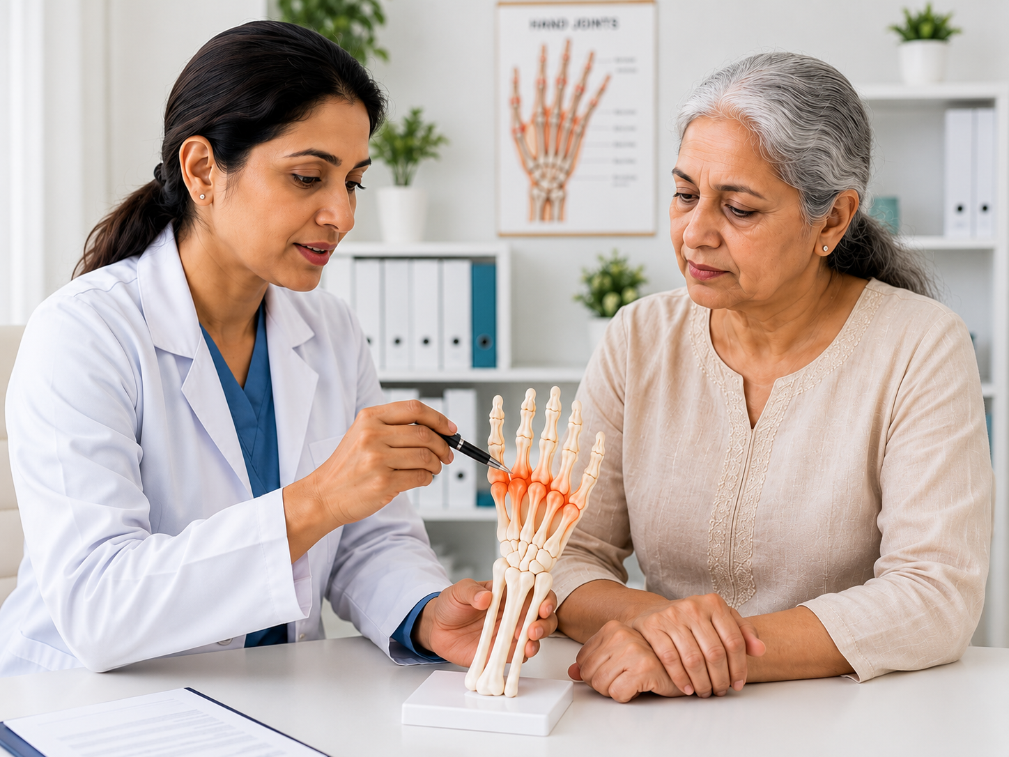 Doctor explaining hand joint anatomy to a patient during consultation
